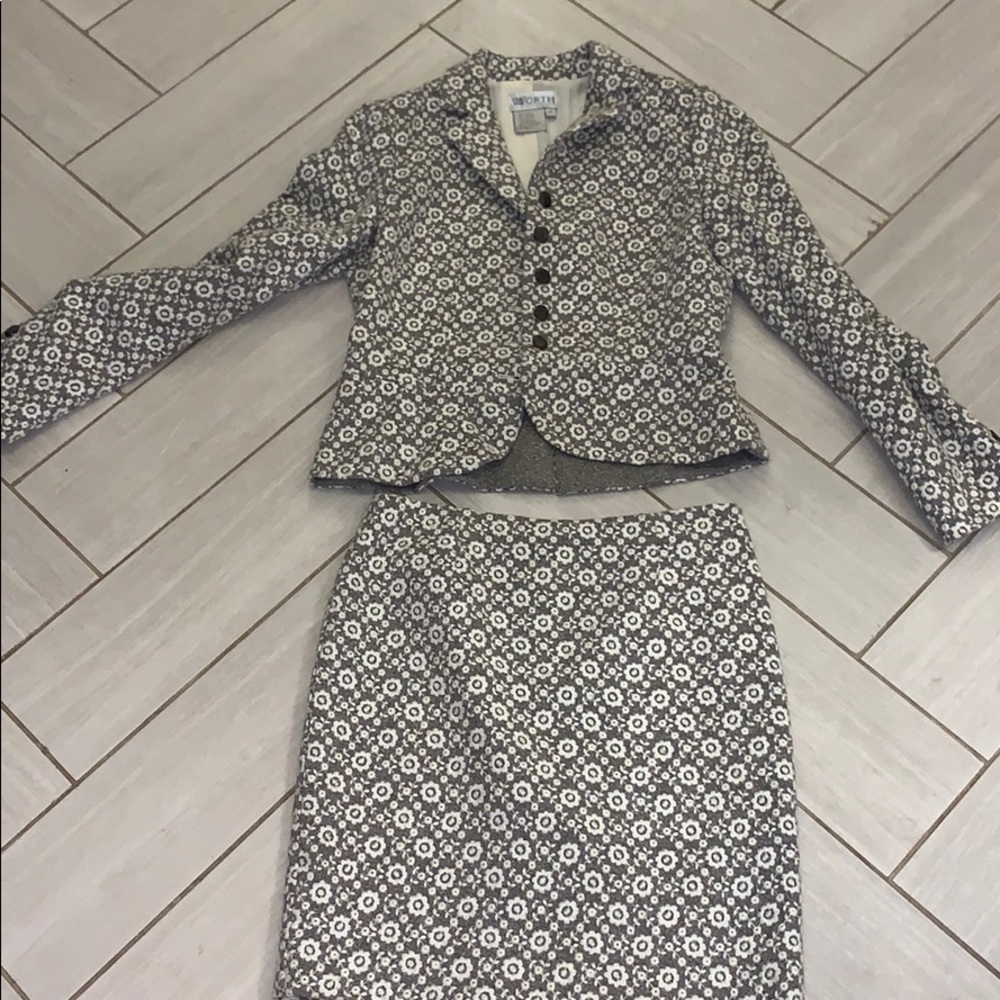 Gray and white floral blazer and skirt set